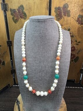 Vintage Mother of Pearl Coral and Jade Necklace